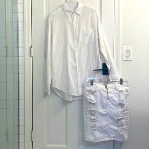 Current/ Elliott linen blouse and ripped jean skirt